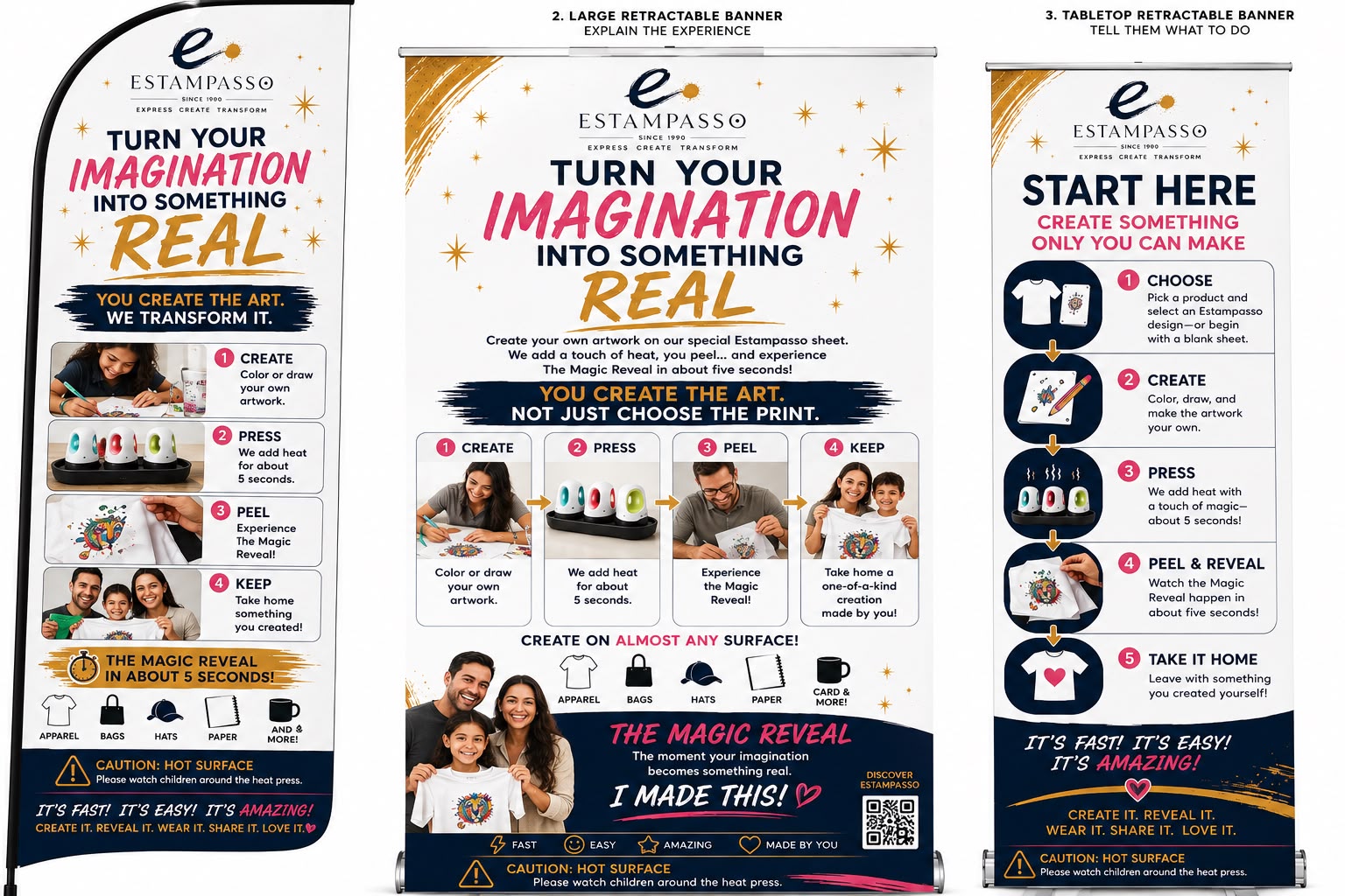 Estampasso retractable banners showing the CREATE, PRESS, PEEL, KEEP process with families creating custom artwork