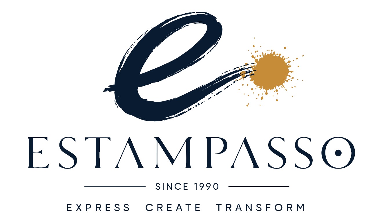 Estampasso logo β elegant navy E with gold ink splash, Since 1990, Express Create Transform
